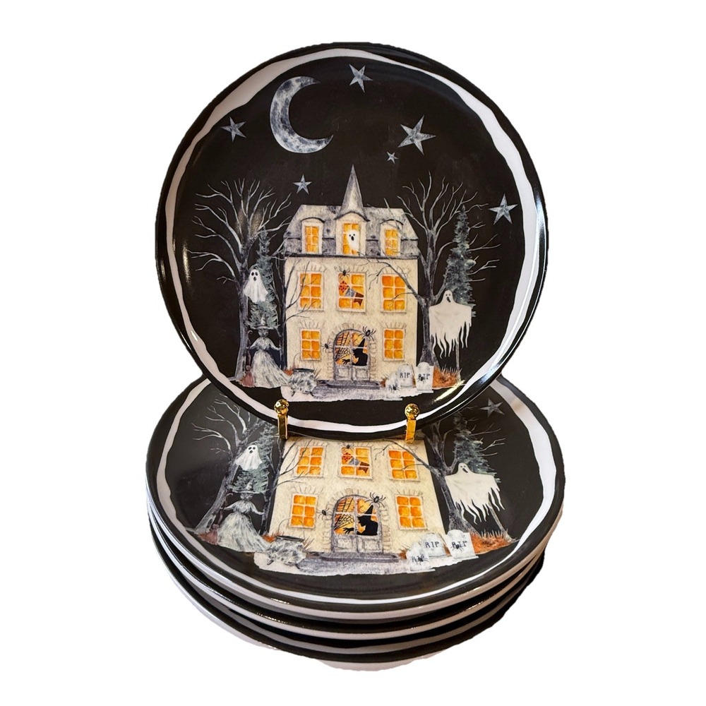 Potter's Studio Halloween‎ Haunted HouseWitch Ghost Black Salad Plates Set 4 New